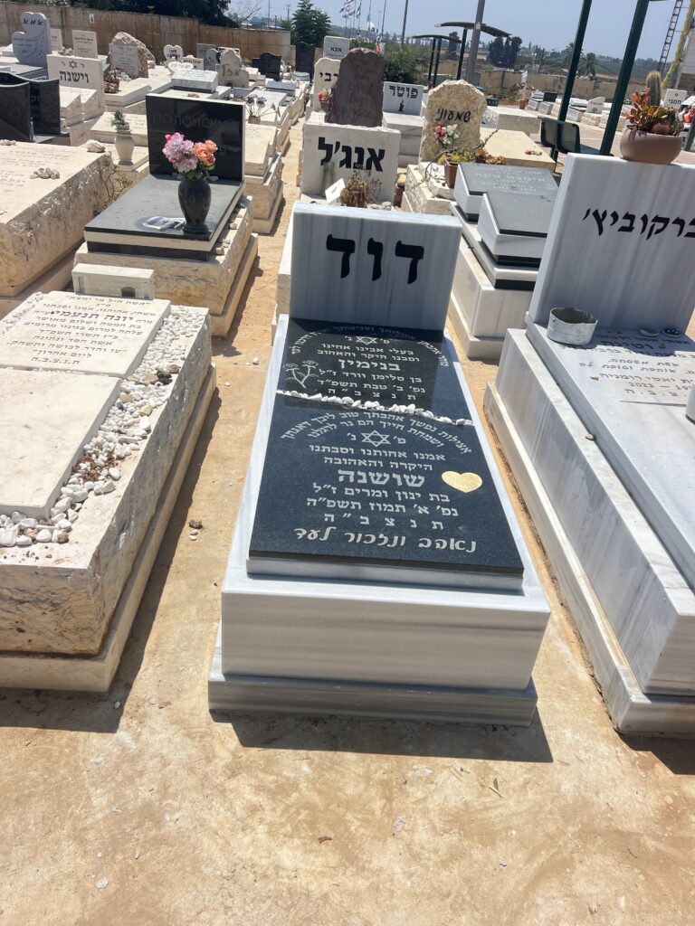 שורת מצבות מאבן בבית־עלמין עם כתובות עבריות ופרטי זיכרון