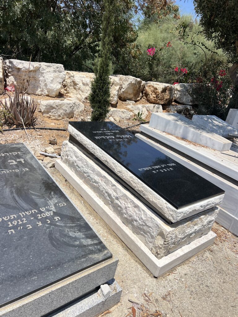 מצבות שיש שחור ולבן בבית עלמין טבעי עם סלעים ועצים