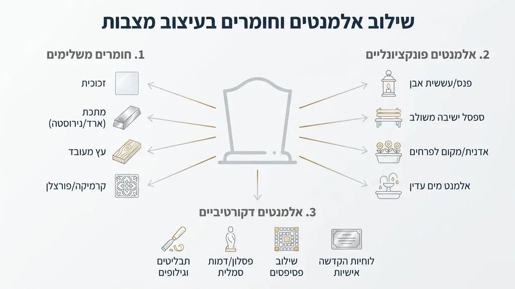 נוצר על ידי מודל בינה מלאכותית Gemini Pro עיצוב מצבת גרניט עם שילוב של בית נר וספסל ישיבה