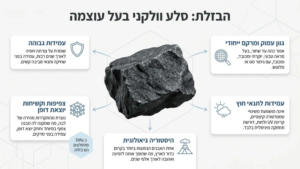 מצבת אבן בזלת גולמית בגימור טבעי המציגה את מרקם הסלע
