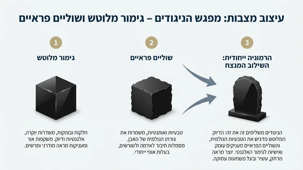 נוצר על ידי מודל בינה מלאכותית Gemini Pro שילוב של אבן בזלת מלוטשת עם קצוות פראיים בעיצוב מודרני למצבה