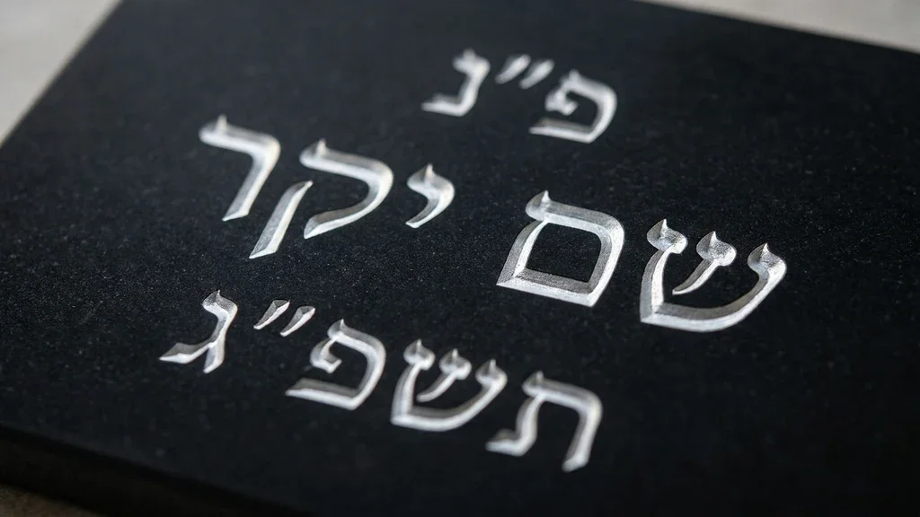 נוצר על ידי מודל בינה מלאכותית Gemini Pro כיתוב אותיות עופרת בהירות על גבי מצבת בזלת כהה