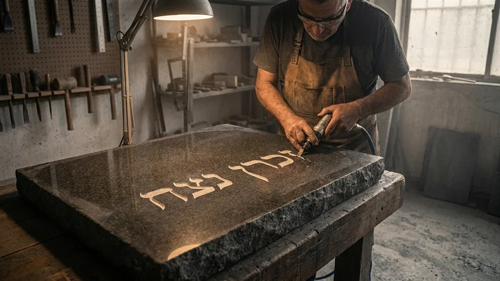 נוצר על ידי מודל בינה מלאכותית Gemini Pro תהליך חריטה מקצועי על מצבת אבן טבעית