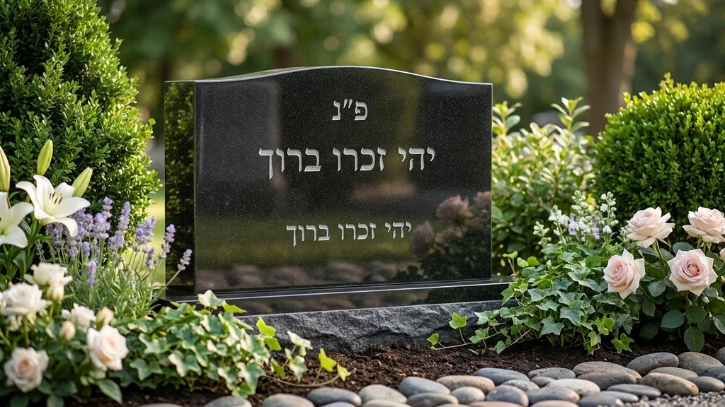 נוצר על ידי מודל בינה מלאכותית Gemini Pro מצבת גרניט שחורה מבריקה ונקייה