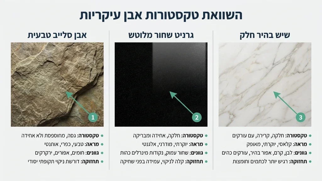 נוצר על ידי מודל בינה מלאכותית Gemini Pro השוואת טקסטורות של אבנים למצבות