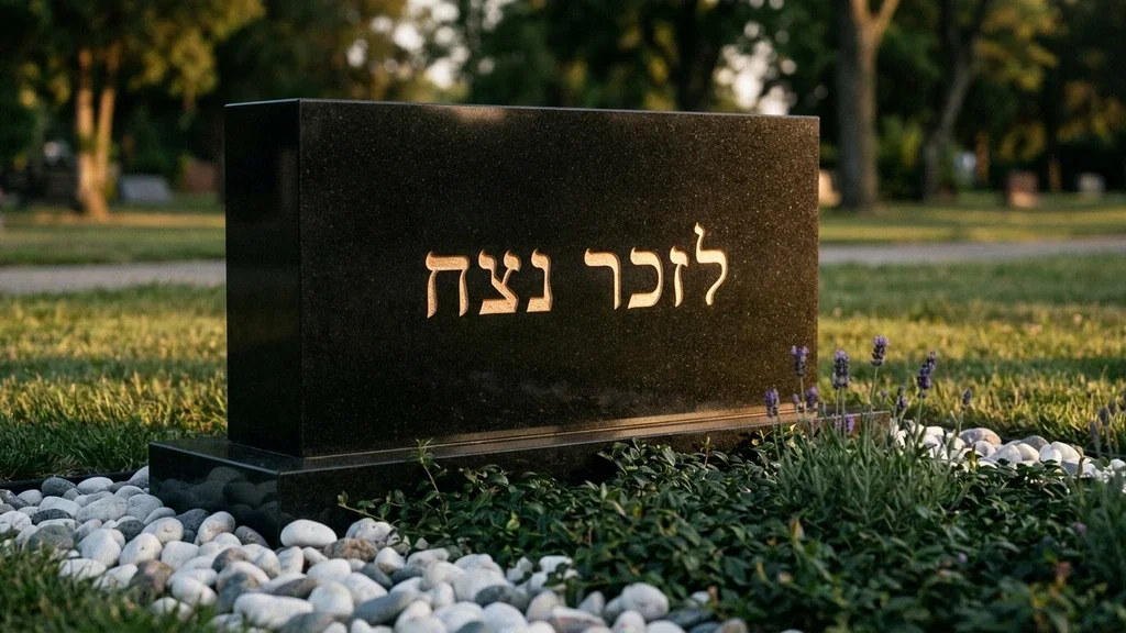 נוצר על ידי מודל בינה מלאכותית Gemini Pro מצבת אבן סלייב מתוחזקת ונקייה עם אותיות ברונזה