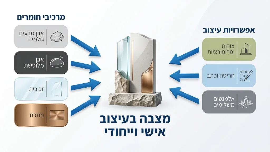 נוצר על ידי מודל בינה מלאכותית Gemini Pro עיצוב מצבה מאבן גלילית בשילוב זכוכית ומתכת