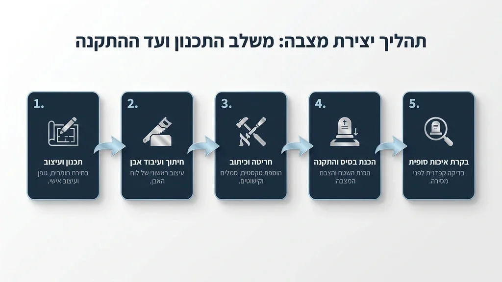 אחרי רשימת השלבים של תהליך העבודה, מתכנון ועד התקנה תהליך חריטה וסיתות על מצבה