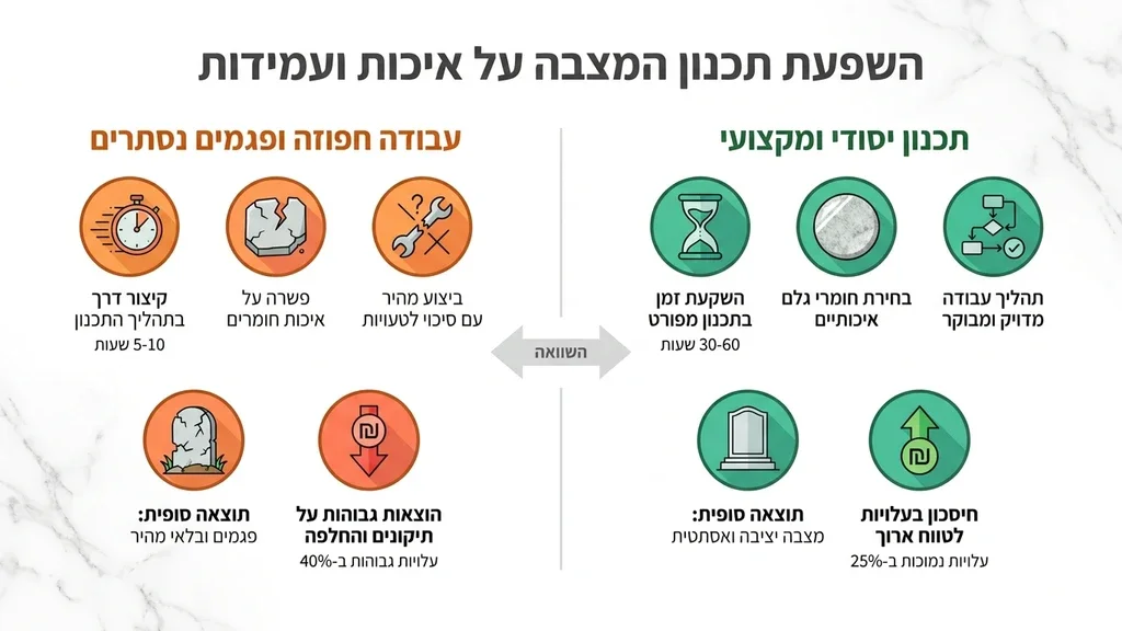 מופיע לאחר ההסבר על הגורמים המשפיעים על המחיר, הממחיש את החשיבות של עבודה יסודית ותכנון נכון. מצבה איכותית בעיצוב אישי מחומרים עמידים