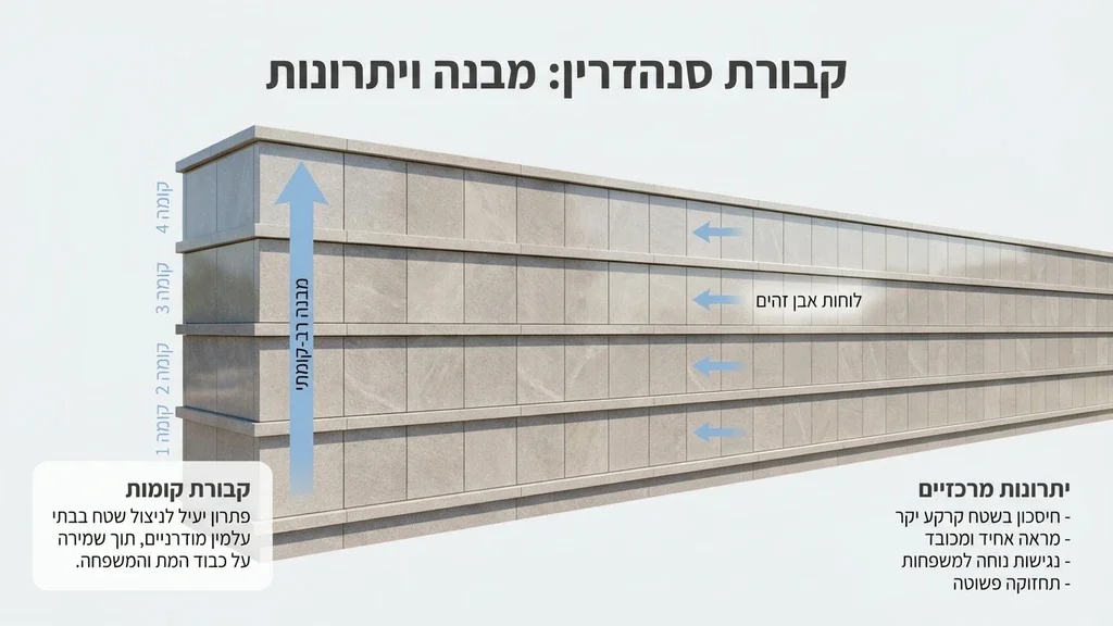 תמונה של קיר מצבות סנהדרין בבית עלמין ישראלי, מראה את המבנה האחיד והמסודר של קבורת הקומות קיר מצבות סנהדרין בבית עלמין