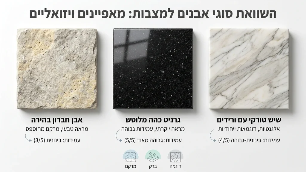 מופיע מיד לאחר טבלת השוואת החומרים, להמחשה ויזואלית של ההבדלים בין סוגי האבנים השונים. סוגי אבנים נפוצים לבניית מצבות