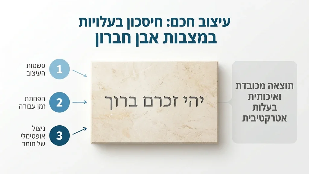 תקריב של כיתוב חרוט על לוח אבן חברון בהירה, המדגים עבודה נקייה ופשוטה המוזילה עלויות חריטה נקייה על מצבת סנהדרין מאבן חברון