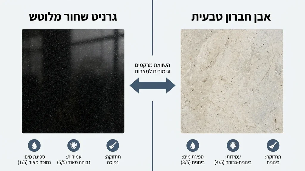 Close up comparison of different stone textures like Granite and Hebron stone used for memorials. סוגי אבנים למצבות קיר