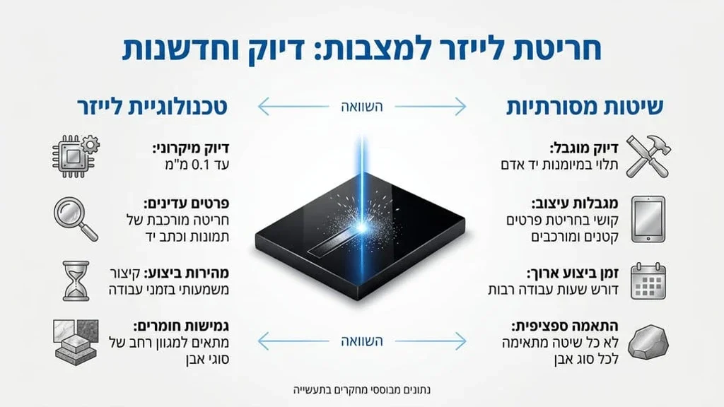 תהליך חריטה בלייזר על גבי אבן כהה ליצירת כיתוב מדויק