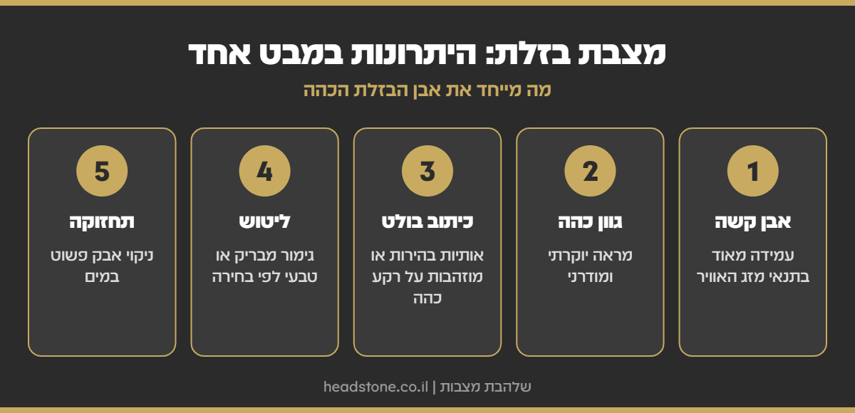 אינפוגרפיקה: מצבת בזלת במבט אחד - אבן קשה, גוון כהה, כיתוב בולט, ליטוש ותחזוקה