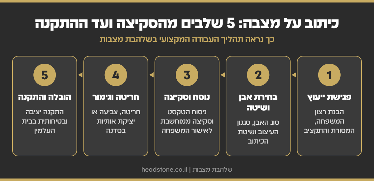 אינפוגרפיקה: 5 שלבים בהכנת כיתוב על מצבה - ייעוץ, בחירת אבן, סקיצה, חריטה והתקנה
