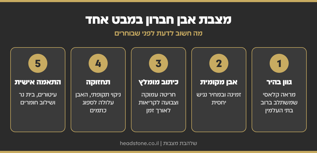 אינפוגרפיקה: מצבת אבן חברון במבט אחד - גוון בהיר, אבן מקומית, כיתוב מומלץ, תחזוקה והתאמה אישית