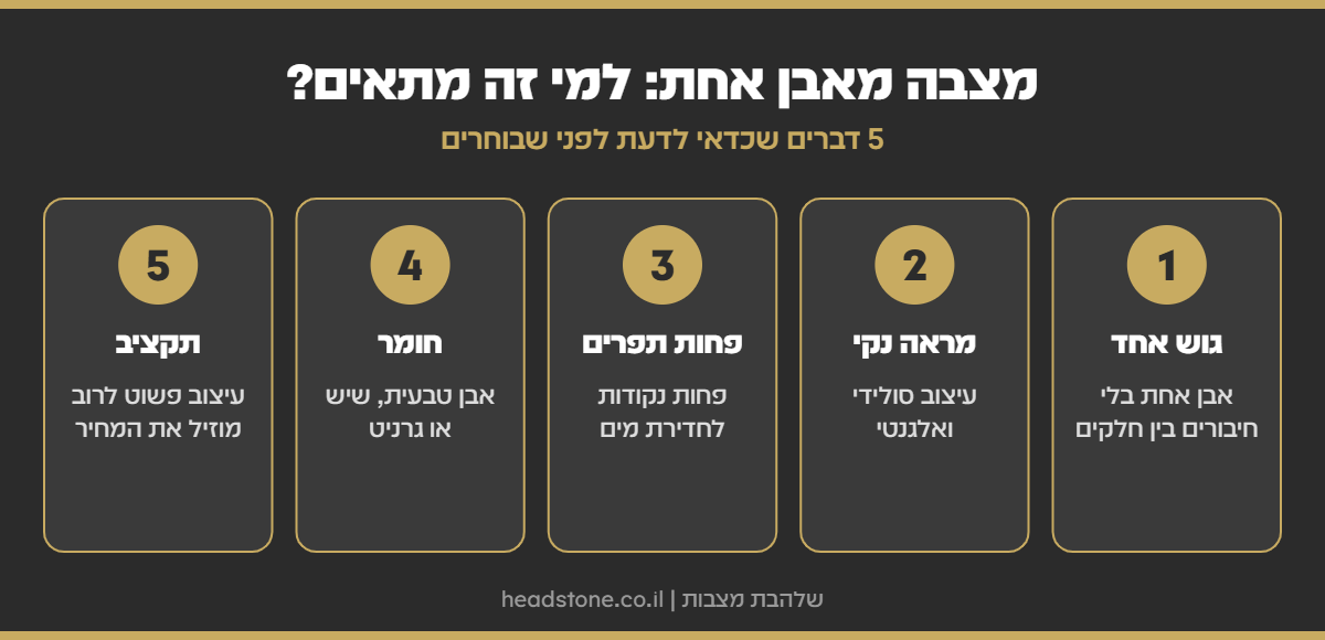 אינפוגרפיקה: מצבה מאבן אחת - גוש אחד, מראה נקי, פחות תפרים, חומר ותקציב
