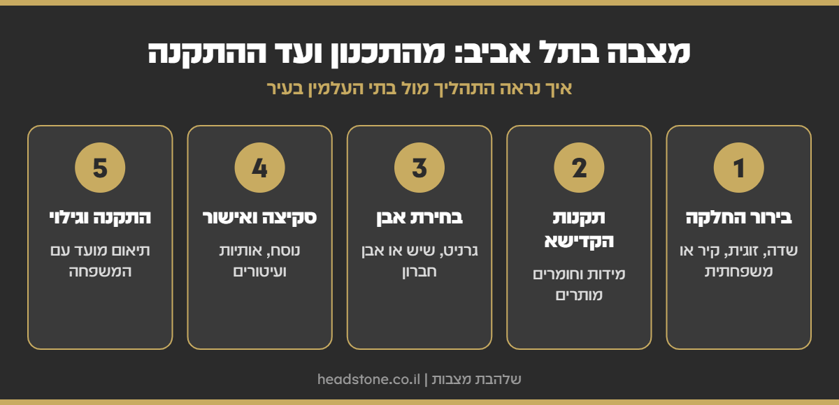 אינפוגרפיקה: מצבה בתל אביב - בירור החלקה, תקנות הקדישא, בחירת אבן, סקיצה ואישור, התקנה וגילוי