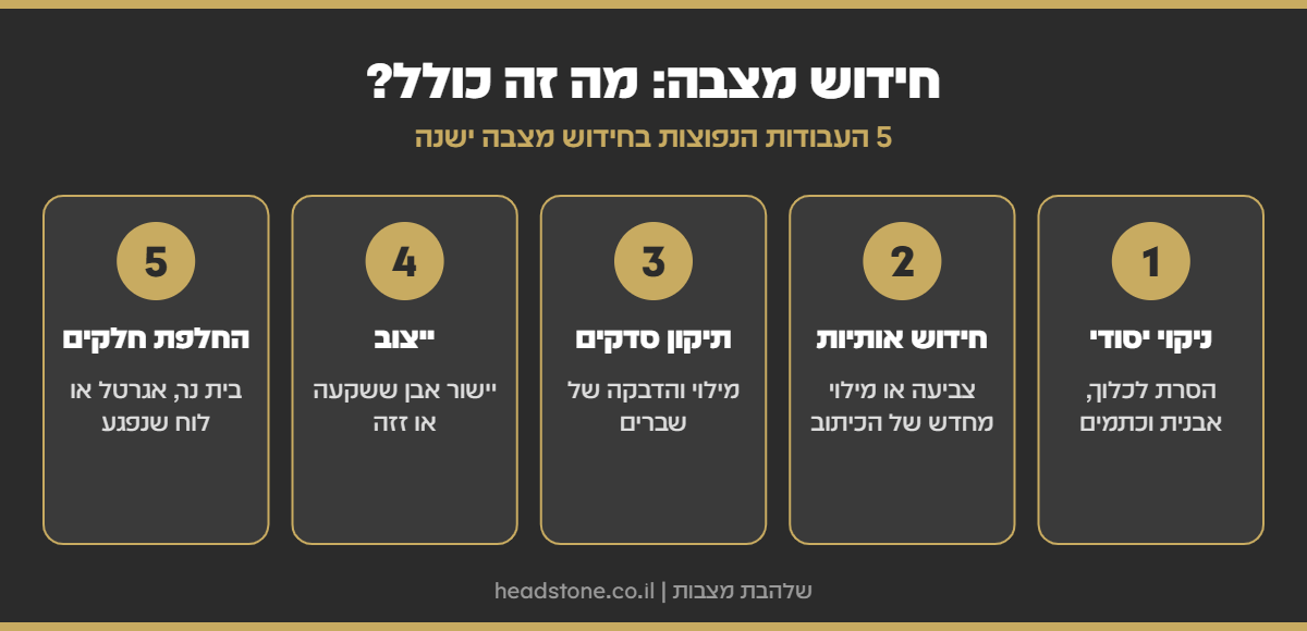 אינפוגרפיקה: חידוש מצבה - ניקוי יסודי, חידוש אותיות, תיקון סדקים, ייצוב והחלפת חלקים